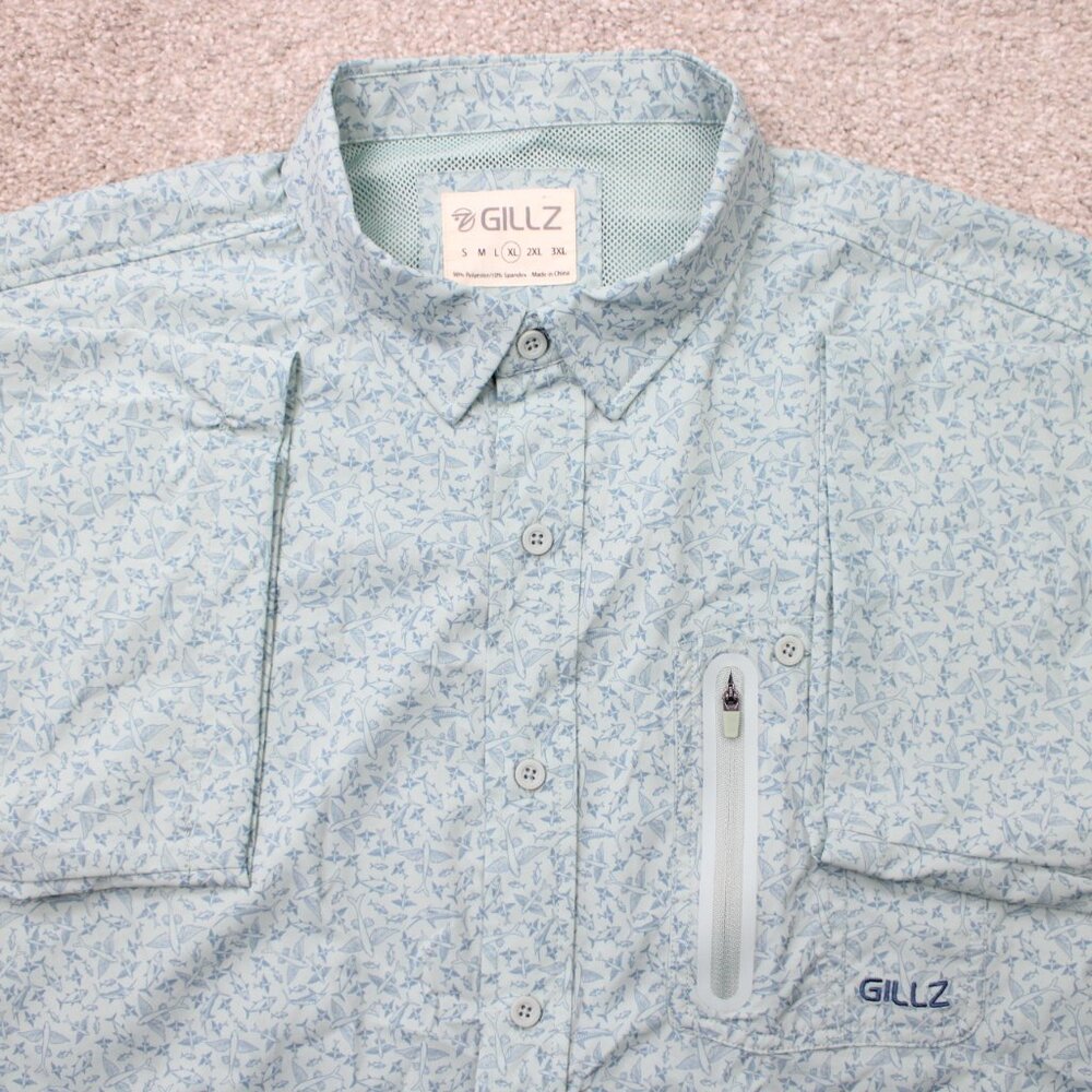 Gillz AOP Shirt Mens XL Blue Fish All Over Print Polyester Stretch‎ Long Sleeve